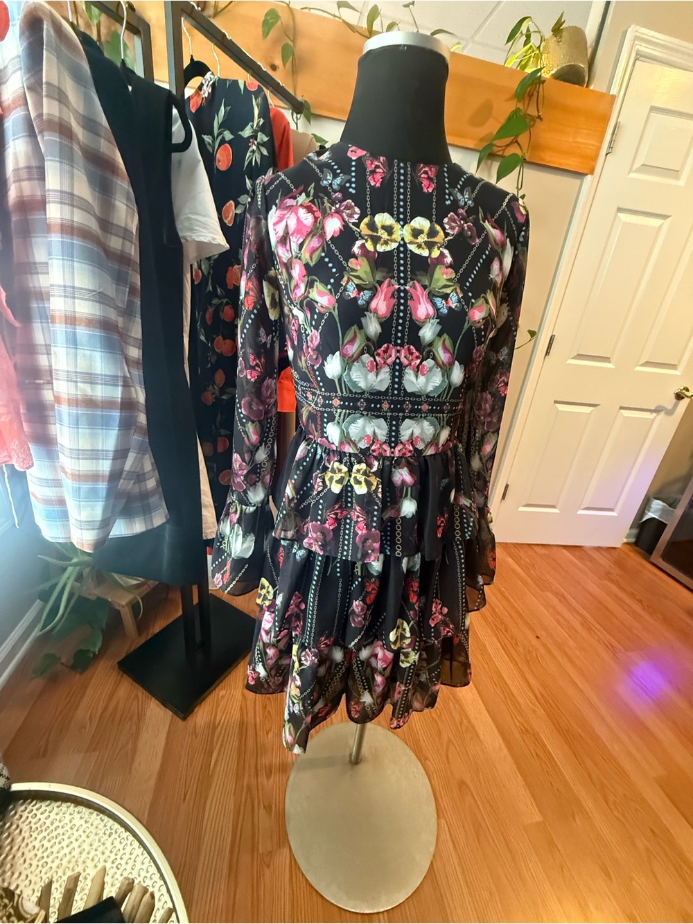 Vici Black Floral Long-Sleeve Tiered Dress with Pink and Yellow Blooms